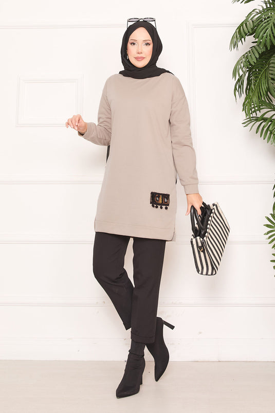 Taş İşlemeli Ponponlu Tesettür Tunik Vizon