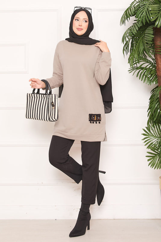 Taş İşlemeli Ponponlu Tesettür Tunik Vizon