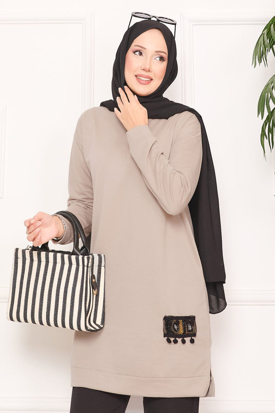 Taş İşlemeli Ponponlu Tesettür Tunik Vizon