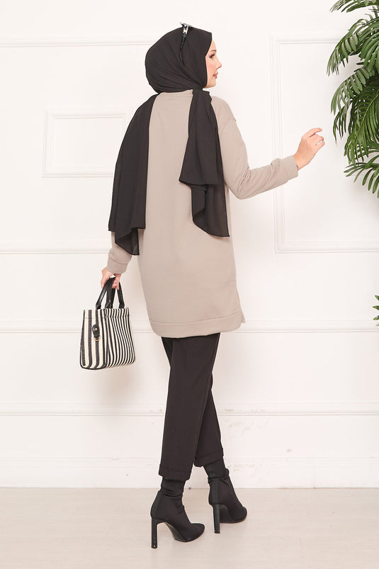 Taş İşlemeli Ponponlu Tesettür Tunik Vizon