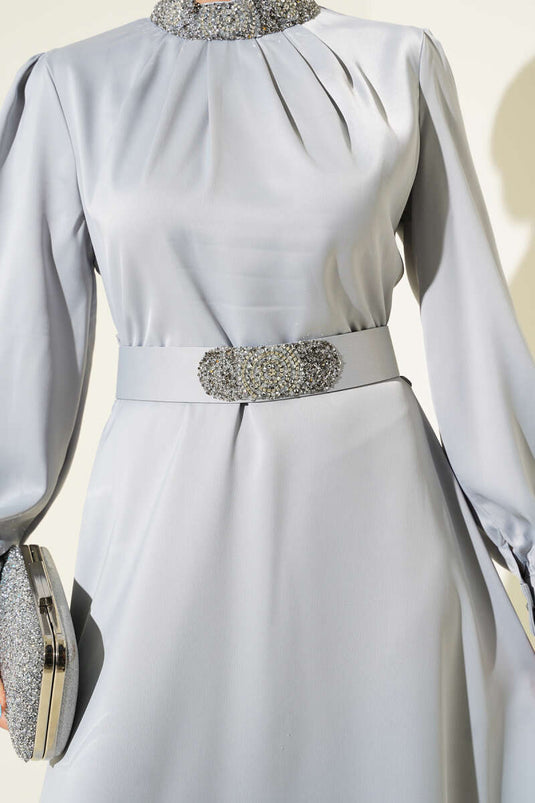 Stone Embroidered Satin Evening Dress Gray