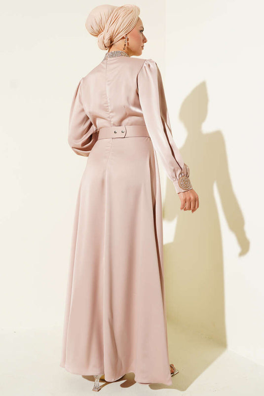 Stone Embroidered Satin Evening Dress Latte