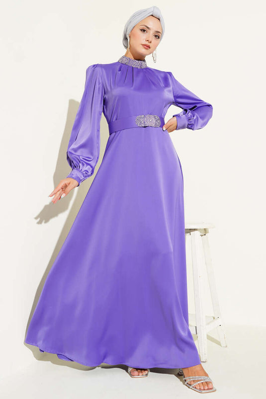 Stone Embroidered Satin Evening Dress Lilac
