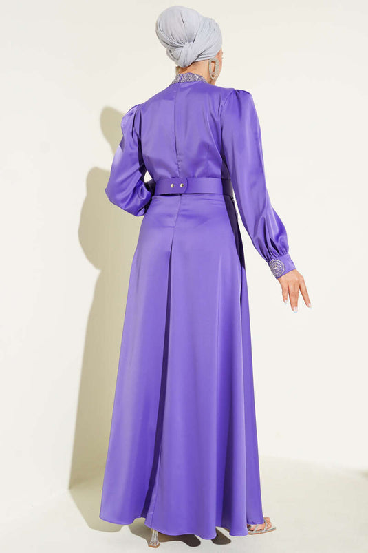 Stone Embroidered Satin Evening Dress Lilac