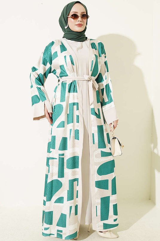 Embellished Jacquard Patterned Abaya Set In Green