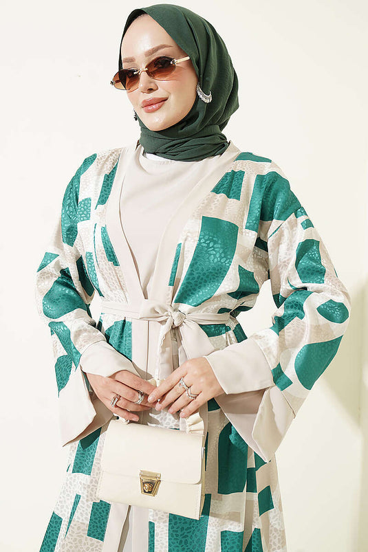 Embellished Jacquard Patterned Abaya Set In Green