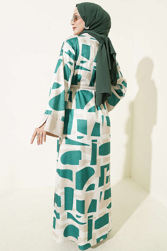 Embellished Jacquard Patterned Abaya Set In Green