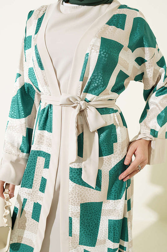 Embellished Jacquard Patterned Abaya Set In Green