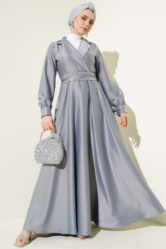 Stone Belted Double Breasted Satin Dress Gray