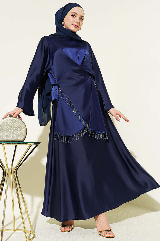 Ensemble jupe en satin à franges en pierre bleu marine