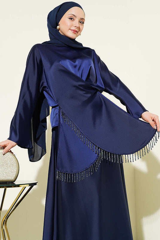 Ensemble jupe en satin à franges en pierre bleu marine