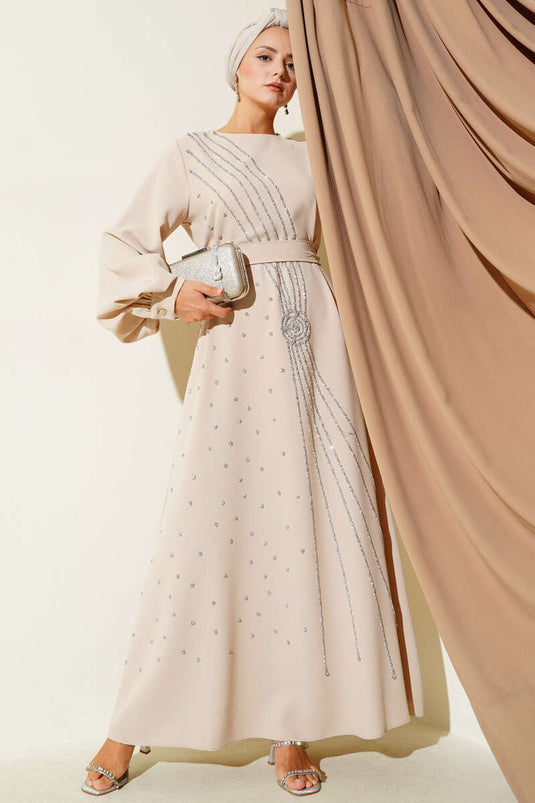 Stone Stripe Transitional Belted Evening Dress Beige