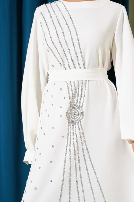 فستان سهرة مخطط حجري مع حزام أبيض