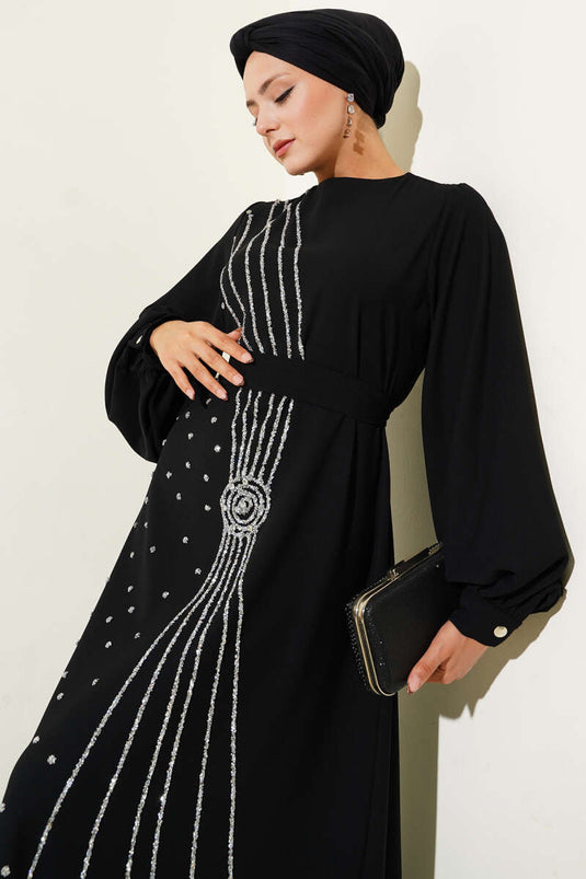 Taş Şerit Geçişli Kuşaklı Abiye Elbise Siyah