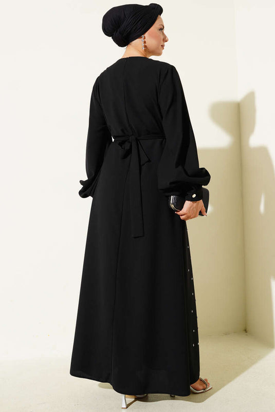 Taş Şerit Geçişli Kuşaklı Abiye Elbise Siyah
