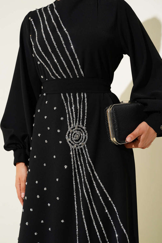 Taş Şerit Geçişli Kuşaklı Abiye Elbise Siyah