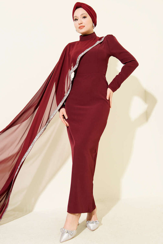 Taş Şeritli Tül Pelerinli Abiye Elbise Bordo