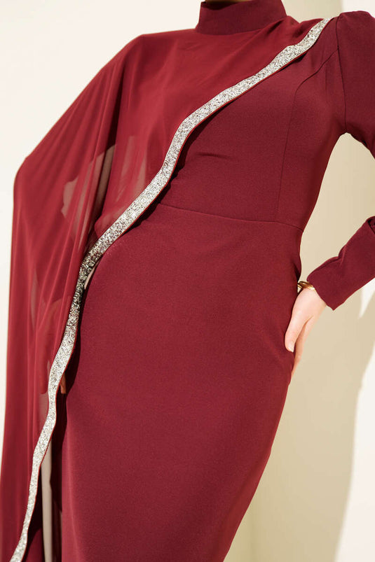 Taş Şeritli Tül Pelerinli Abiye Elbise Bordo