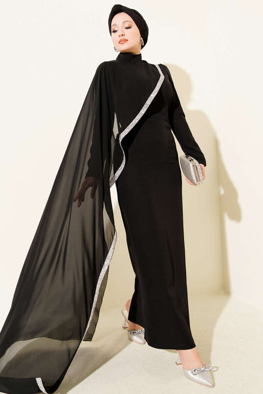 Taş Şeritli Tül Pelerinli Abiye Elbise Siyah