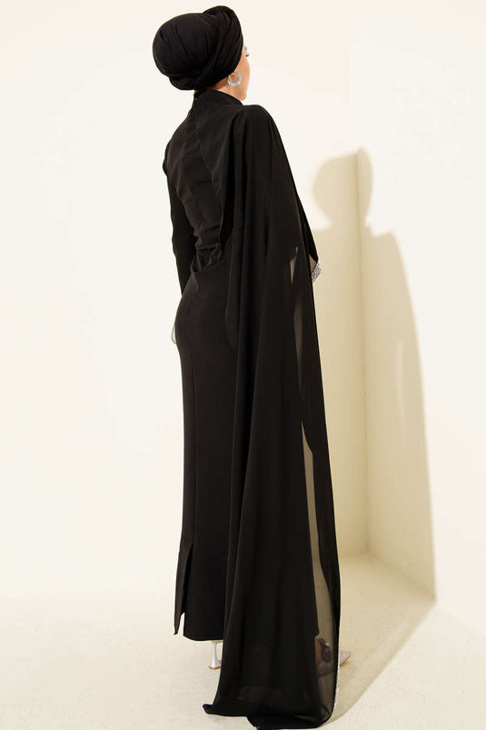 Taş Şeritli Tül Pelerinli Abiye Elbise Siyah