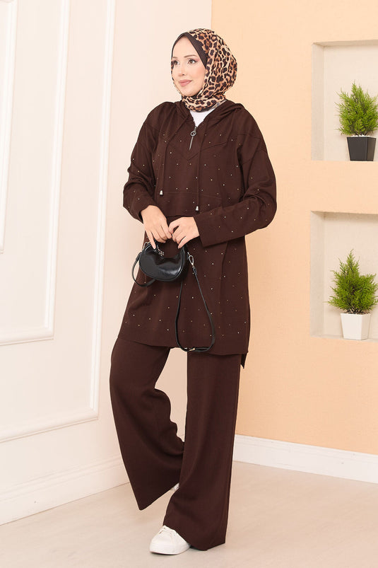 Conjunto de dos piezas de punto con capucha y estampado de piedras, color marrón