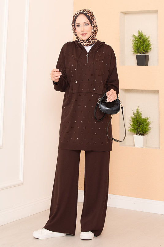 Conjunto de dos piezas de punto con capucha y estampado de piedras, color marrón