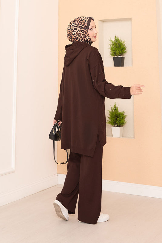 Conjunto de dos piezas de punto con capucha y estampado de piedras, color marrón