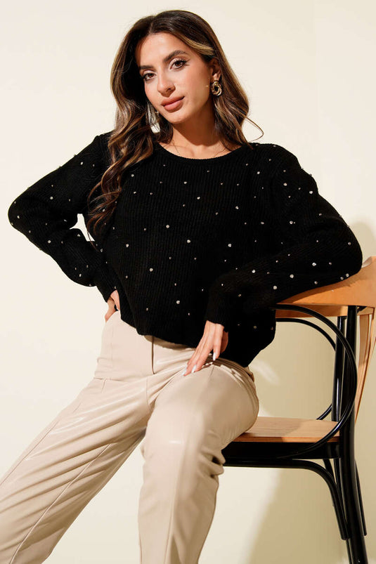 Taş Serpmeli Sırt Dekolteli Triko Kazak Siyah