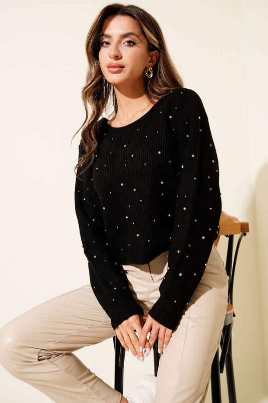 Taş Serpmeli Sırt Dekolteli Triko Kazak Siyah