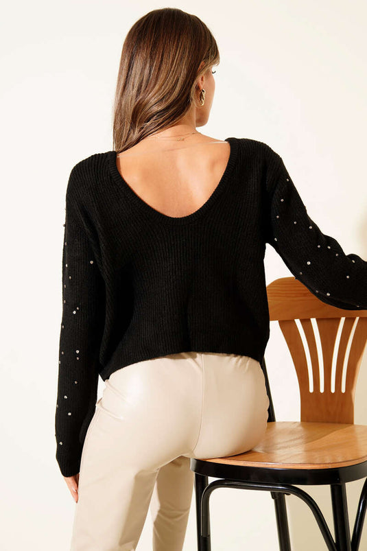 Taş Serpmeli Sırt Dekolteli Triko Kazak Siyah