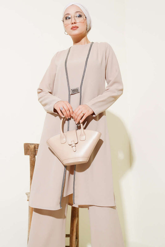 Taş Sıra Detaylı İkili Takım Bej