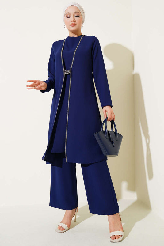 Stone Row Detailed Two Piece Suit Navy Blue