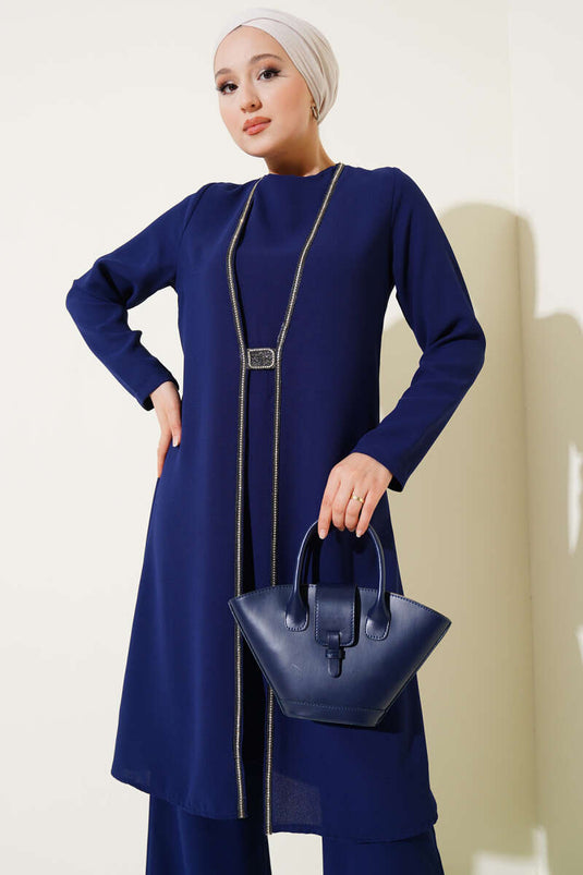 Stone Row Detailed Two Piece Suit Navy Blue