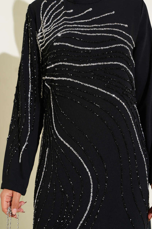 Taş Süs Detaylı Abiye Elbise Siyah