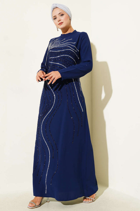 Evening Dress with Stone Decoration Details Navy Blue