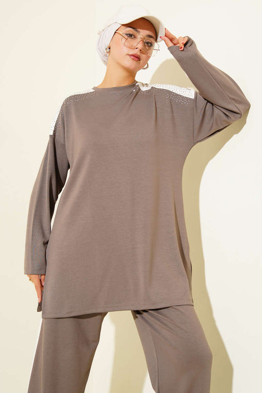 Stone-Detailed Two-Piece Mink Suit