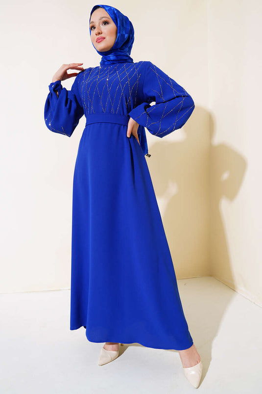 Taş Süslemeli Elbise Saks