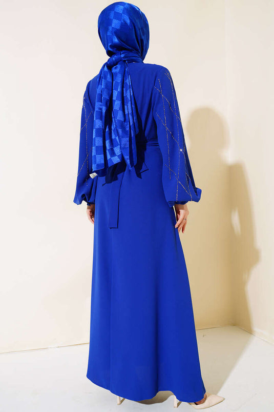 Taş Süslemeli Elbise Saks