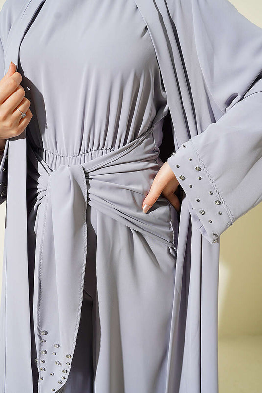 Taş Süslemeli İkili Abaya Gri