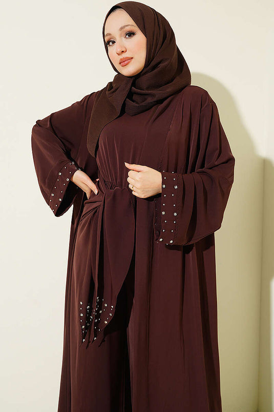 Taş Süslemeli İkili Abaya Kahve