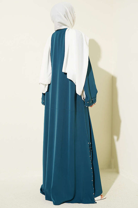 Taş Süslemeli İkili Abaya Petrol Yeşili