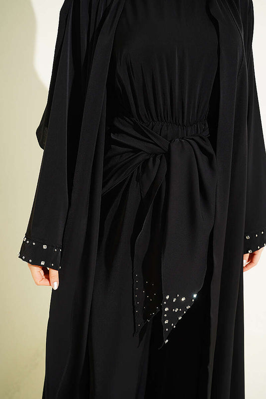 Taş Süslemeli İkili Abaya Siyah