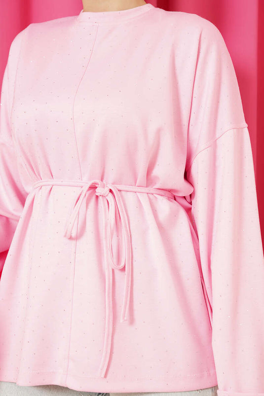 Taş Süslemeli İp Kuşaklı Tunik Pembe