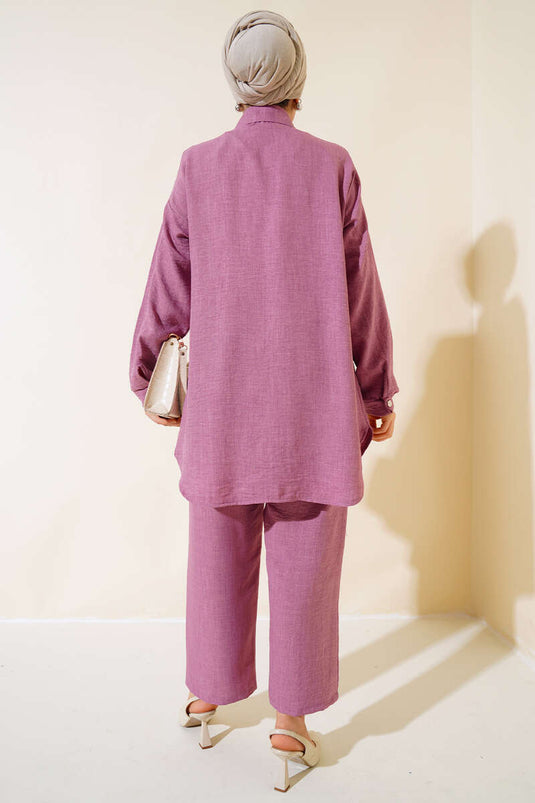 Taş Süslemeli Keten İkili Takım Magenta