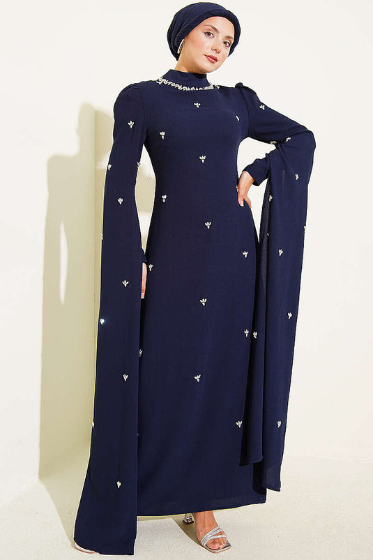 Taş Süslemeli Kol Pelerinli Abiye Lacivert