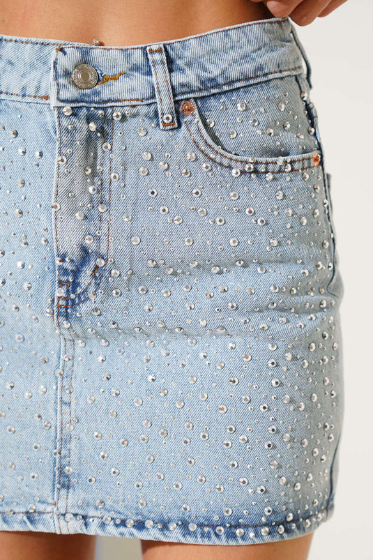 Stone Embellished Denim Mini Skirt Light Snow
