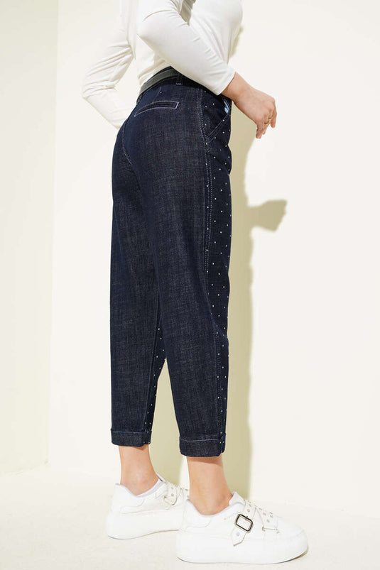 Stone-Embellished Denim Pants Navy Blue