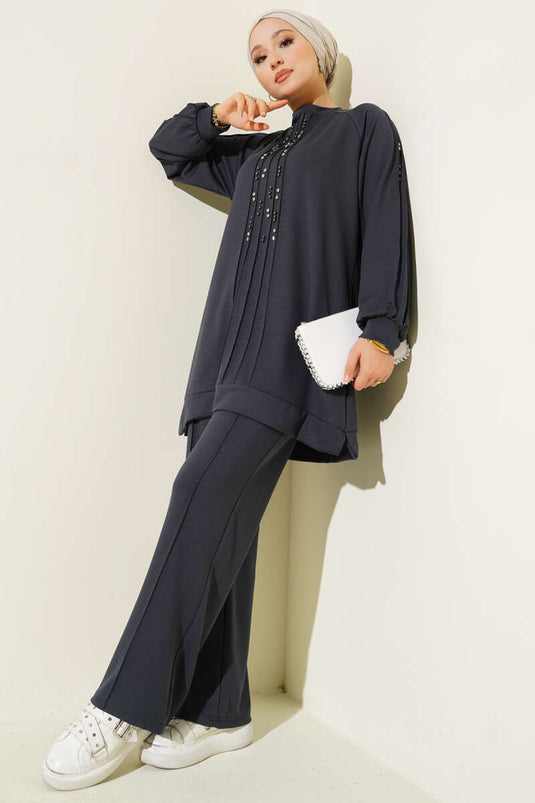 Stone Embellished Loysha Two Piece Suit Smoke Color