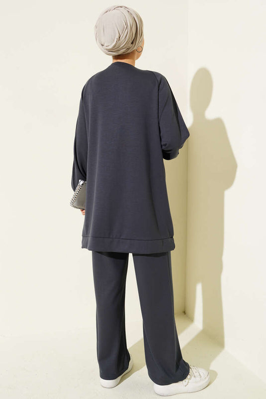 Stone Embellished Loysha Two Piece Suit Smoke Color