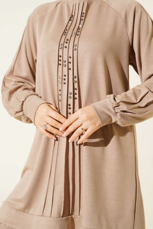 Stone-Decorated Loysha Two-Piece Set Latte